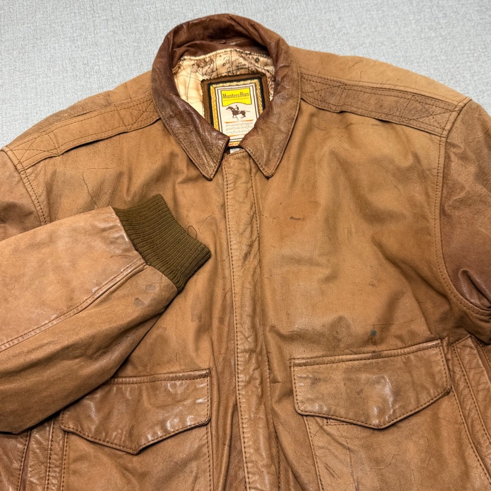 Vintage 80s Hunters Run Leather Bomber Jacket Mens M Brown Map Lining Distressed